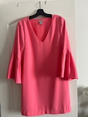 H&M Coral Pink V-Neck Dress with Bell Sleeves